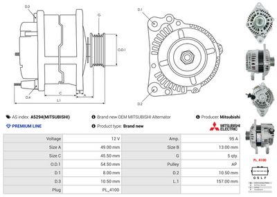 GENERATOR / ALTERNATOR AS-PL A5294MITSUBISHI 4