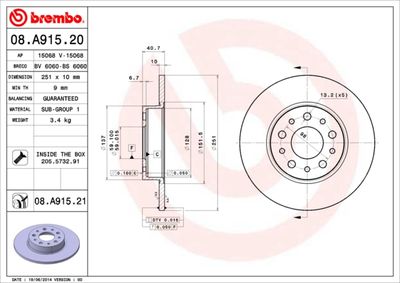 Тормозной диск BREMBO 08.A915.21 для FIAT TIPO
