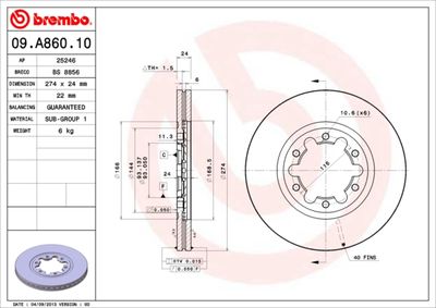 Тормозной диск BREMBO 09.A860.10 для FORD RANGER