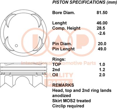 Поршень IAP QUALITY PARTS 100-07121 для HYUNDAI i40