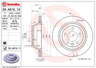 Тормозной диск BREMBO 09.A616.11 для VW MULTIVAN