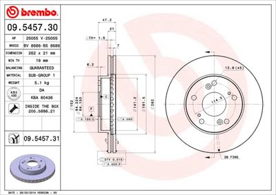 Тормозной диск BREMBO 09.5457.31 для ACURA RSX
