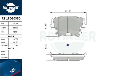 Комплект тормозных колодок, дисковый тормоз ROTINGER RT 1PD20350 для CHRYSLER 300C