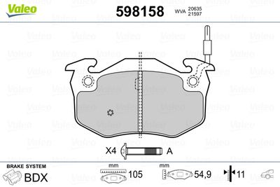 Комплект тормозных колодок, дисковый тормоз VALEO 598158 для RENAULT 19
