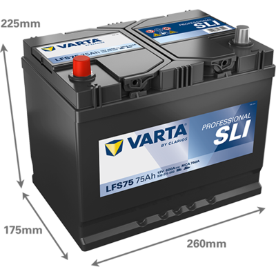 Batterij VARTA 12V 75Ah/600A (EN) PROFESSIONALl STARTER SLI (L+ standaard terminal) 260x175x225 B01 - montageflens 10,5 mm (beginnen)
