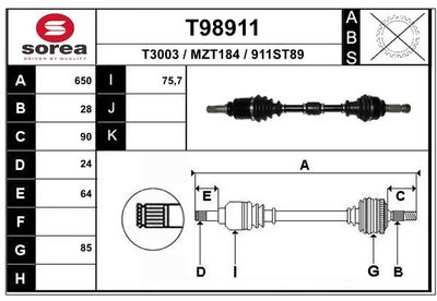 EAI T98911 Полуось в сборе  для MAZDA 3 (BK) 1.6 (BK14)