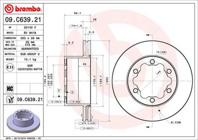 Тормозной диск BREMBO 09.C639.21 для MAN TGE