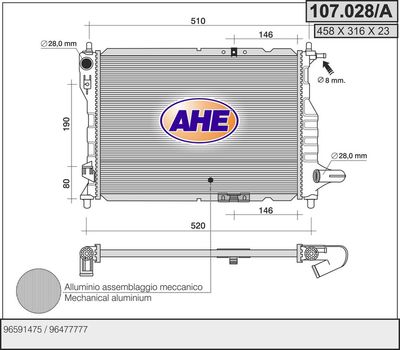 AHE 107.028/A Радиатор охлаждения двигателя  для CHEVROLET MATIZ (Шевроле Матиз)