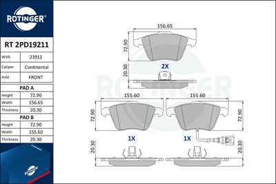 комплект спирачно феродо, дискови спирачки ROTINGER RT 2PD19211