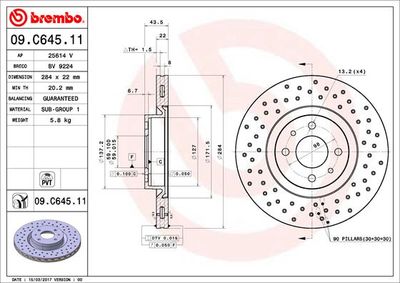 Тормозной диск BREMBO 09.C645.11 для ABARTH 500C