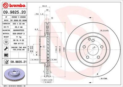 Тормозной диск BREMBO 09.9825.21 для MERCEDES-BENZ CLS