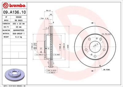 Тормозной диск BREMBO 09.A136.10 для NISSAN SERENA