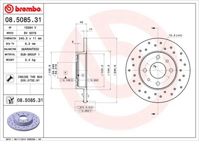 Тормозной диск BREMBO 08.5085.31 для ABARTH 500C