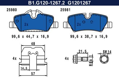 комплект спирачно феродо, дискови спирачки GALFER B1.G120-1267.2