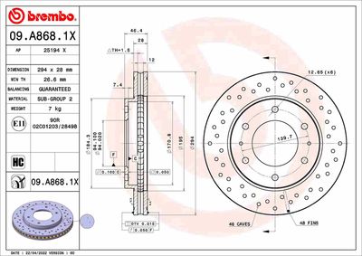 Тормозной диск BREMBO 09.A868.1X для FIAT FULLBACK
