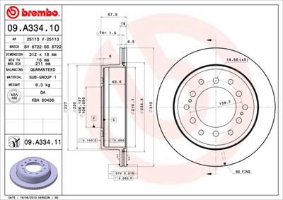 Тормозной диск BREMBO 09.A334.11 для TOYOTA 4 RUNNER