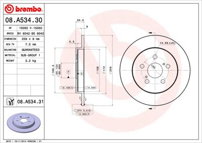 BREMBO 08.A534.31 Тормозные диски  для TOYOTA MATRIX (Тойота Матриx)