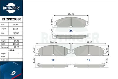 Zestaw klocków hamulcowych, hamulce tarczowe ROTINGER RT 2PD20330