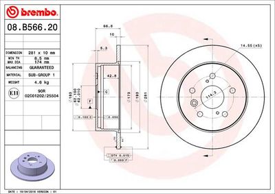 BREMBO 08.B566.21 Тормозные диски  для TOYOTA AURION (Тойота Аурион)