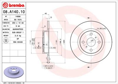 Тормозной диск BREMBO 08.A140.10 для TOYOTA MR2