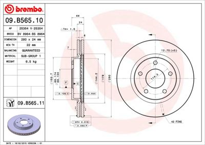 BREMBO 09.B565.11 Тормозные диски  для NISSAN TIIDA (Ниссан Тиида)
