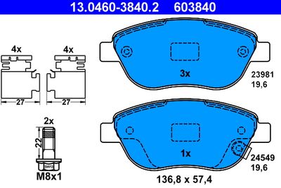 Комплект тормозных колодок, дисковый тормоз ATE 13.0460-3840.2 для FIAT 500L