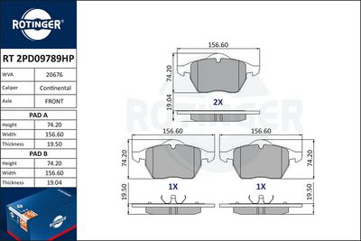 комплект спирачно феродо, дискови спирачки ROTINGER RT 2PD09789HP