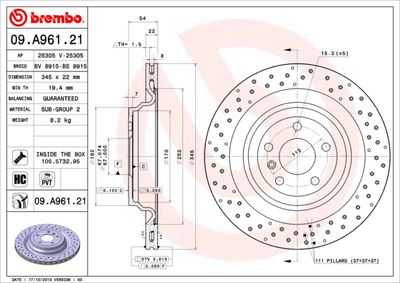 Тормозной диск BREMBO 09.A961.21 для MERCEDES-BENZ GLE