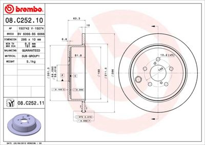 BREMBO 08.C252.11 Тормозные диски  для SUBARU OUTBACK (Субару Оутбакk)