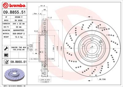 Тормозной диск BREMBO 09.B855.51 для MERCEDES-BENZ CLS