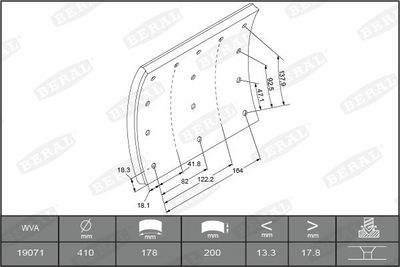 Brake shoe lining Achter/Voor (410x200. basis) past: MAN M90, SM  RVI K, KERAX, PREMIUM 2  VOLVO B12, F10, F12, F16, FH12, FH16, FL10, FL12, FL7, FM12, FM7 08.77-