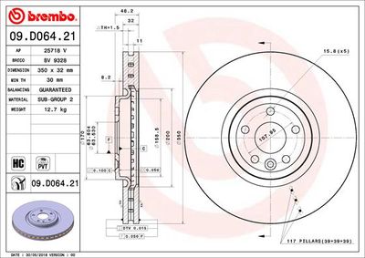 Тормозной диск BREMBO 09.D064.21 для JAGUAR F-PACE