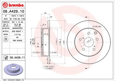 Тормозной диск BREMBO 08.A429.10 для LEXUS HS