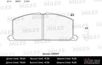 Комплект тормозных колодок, дисковый тормоз MILES E400211 для TOYOTA STARLET
