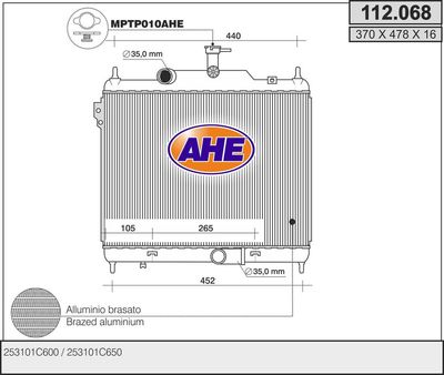 Радиатор, охлаждение двигателя AHE 112.068 для HYUNDAI GETZ
