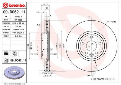 Тормозной диск BREMBO 09.D062.11 для JAGUAR XE