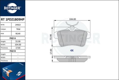 комплект спирачно феродо, дискови спирачки ROTINGER RT 1PD21809HP