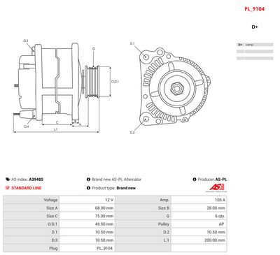 GENERATOR / ALTERNATOR AS-PL A3948S