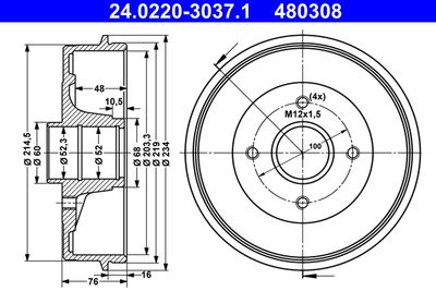 Тормозной барабан ATE 24.0220-3037.1 для RENAULT SANDERO/STEPWAY