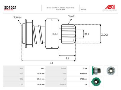 Frihjulsväxel, startmotor AS-PL SD1021