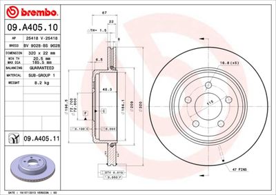 Тормозной диск BREMBO 09.A405.10 для DODGE CHALLENGER