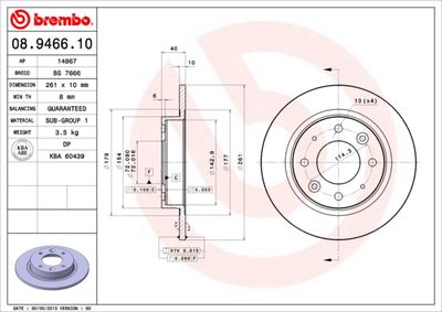 Тормозной диск BREMBO 08.9466.10 для KIA CLARUS