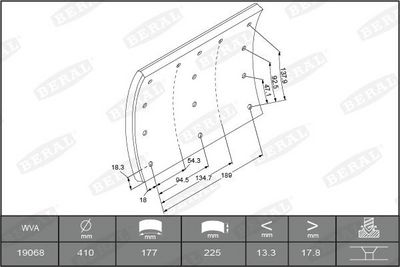 Brake shoe lining Achter (410x225. basis) past: VOLVO F10, F12, F16, FH, FH12, FH16, FL10, FL12, FL6, FL7, FM, FM II, FM10, FM12, FM7, FM9, FMX, NH12 01.76-