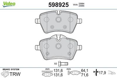 комплект спирачно феродо, дискови спирачки VALEO 598925