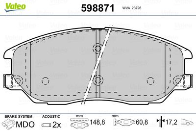 Комплект тормозных колодок, дисковый тормоз VALEO 598871 для SSANGYONG RODIUS
