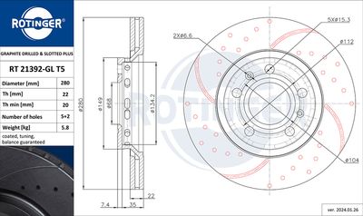 спирачен диск ROTINGER RT 21392-GL T5