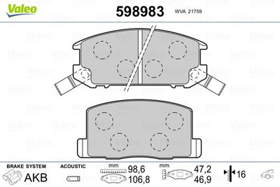 Комплект тормозных колодок, дисковый тормоз VALEO 598983 для TOYOTA MR2