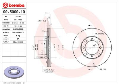 Тормозной диск BREMBO 09.5009.10 для MITSUBISHI TREDIA