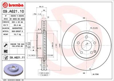 Тормозной диск BREMBO 09.A621.10 для MERCEDES-BENZ SLC