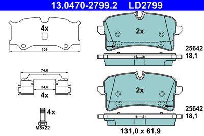 Комплект тормозных колодок, дисковый тормоз ATE 13.0470-2799.2 для PORSCHE MACAN